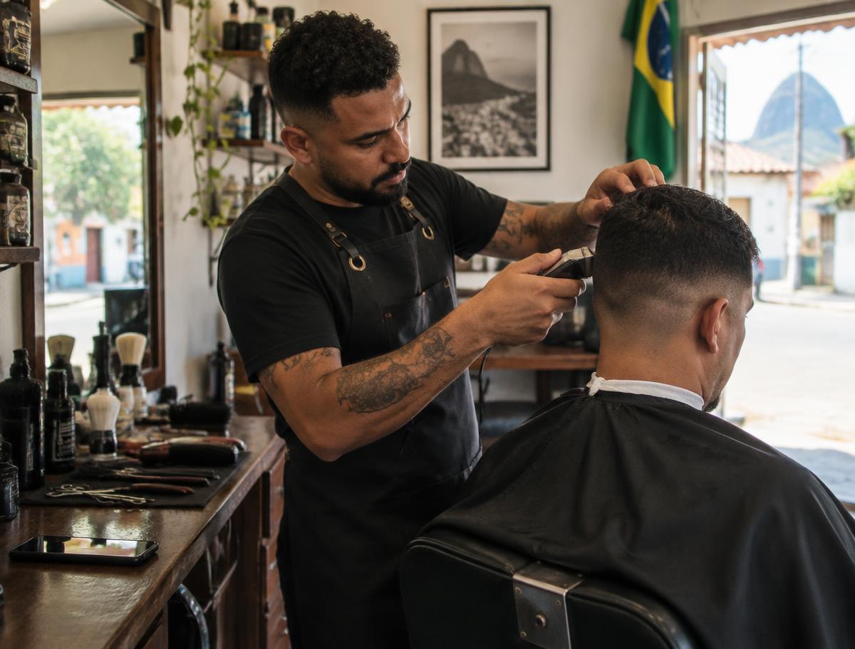 Microempreendedor brasileiro trabalhando em sua barbearia